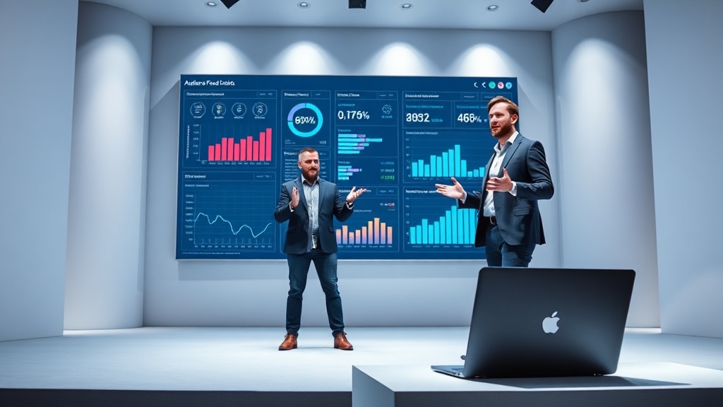 발표자가 노트북으로 청중의 피드백과 데이터를 분석하며 전략을 짜는 모습