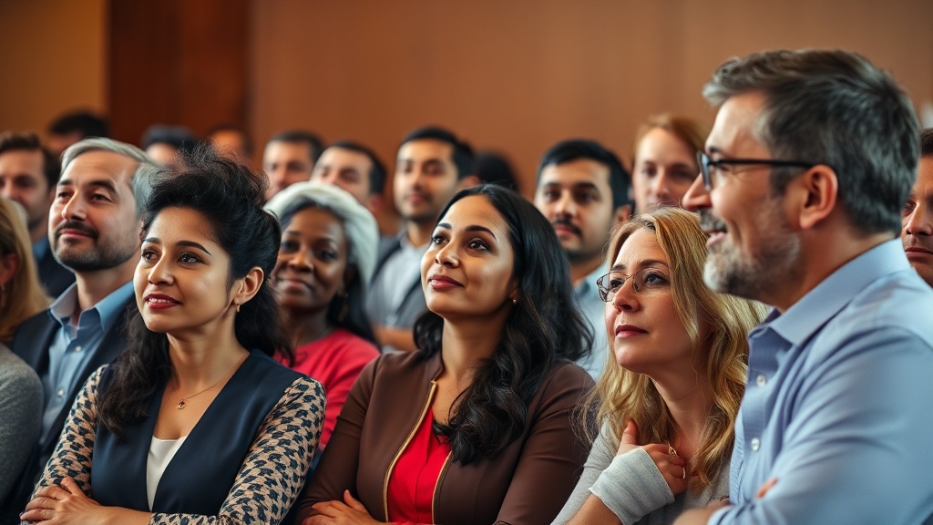 다양한 연령대와 직업군의 청중들이 집중하여 발표를 경청하고 있는 모습