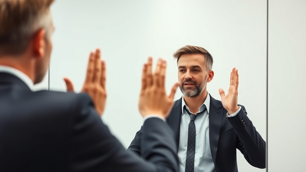 거울 앞에서 자신의 자세와 표정을 점검하며 리허설을 진행하는 발표자의 모습